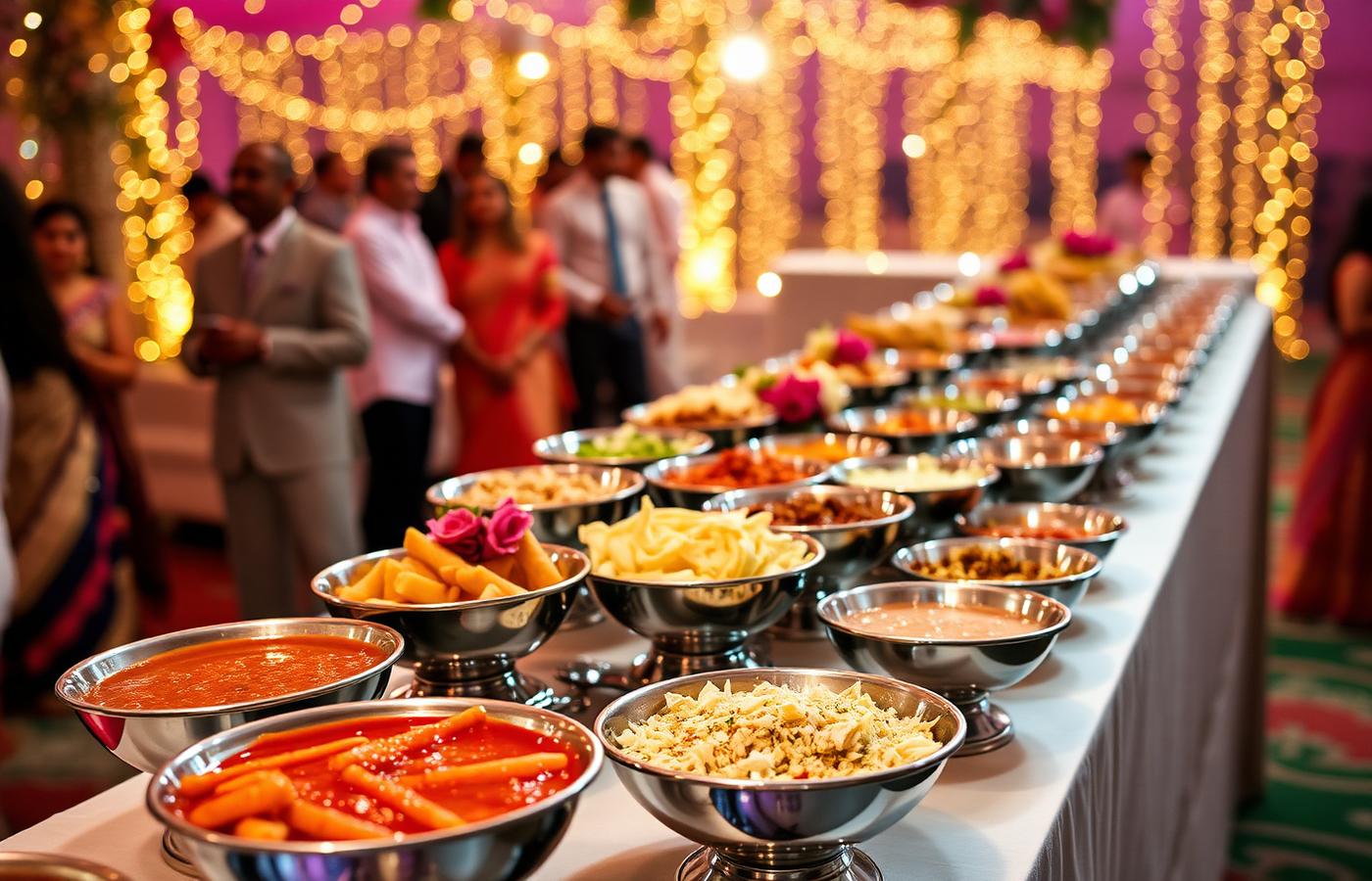 Live chaat catering counter set up at an Indian wedding reception with string lights