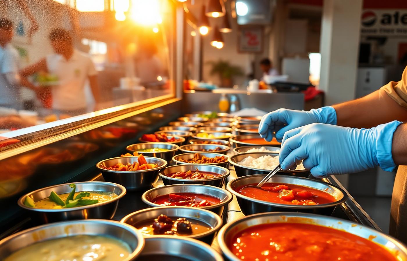 Clean chaat counter with covered steel bowls of chutneys and a gloved vendor assembling a plate